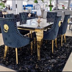7PC Black & Gold Dining Table Set