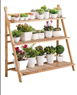 3 Tier Bamboo Plant Stand Outdoor Indoor Flower Stand Folding Plant Display Stand Ladder Shelf Corner Planter