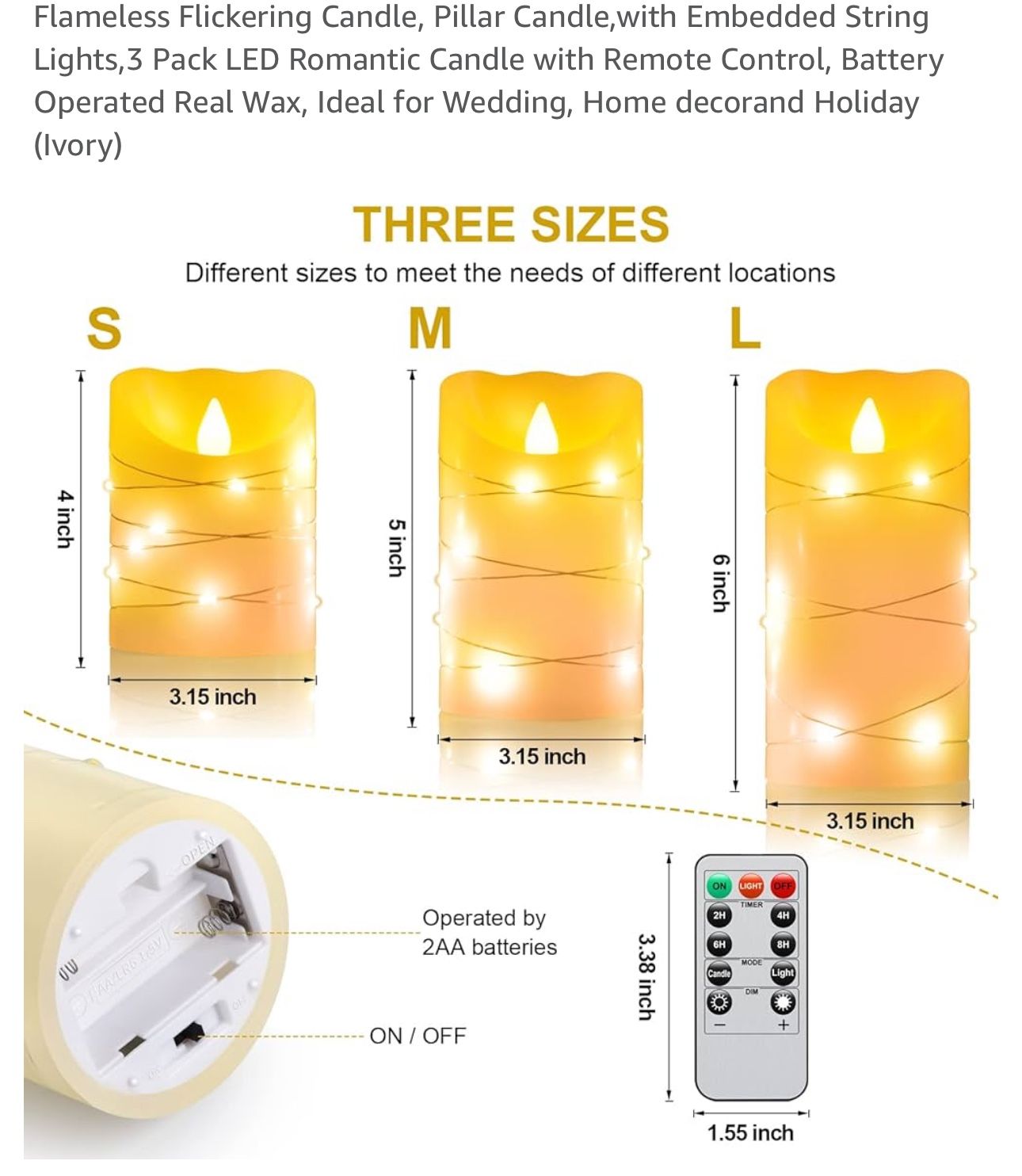Flameless Flickering Candle, Pillar Candle,with Embedded String Lights,3 Pack LED Romantic Candle with Remote Control, Battery Operated Real Wax, Idea
