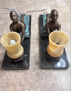 Pair Of Very Rare Vintage European Solid Bronze Lady Lamp on Marble Base - 15”x5” 7”H - With European Plug Adapter