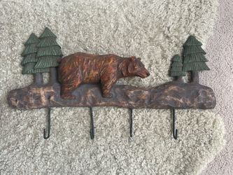 Faux Wood Rustic Bear and Pine Tree Wall Hook Rack