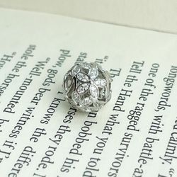 Hollow Floral Charm Bead with Diamond-Paved Petals, Sparkling Design, Fits Pandora Bracelets