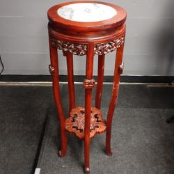 Antique Vintage Wooden Chinese Plant Table With Marble Top
