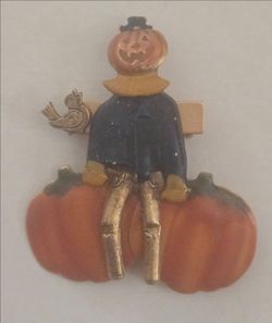 Harvest Moon Metal Scarecrow Pumpkin Pin Autumn Fall Halloween Bird Vintage