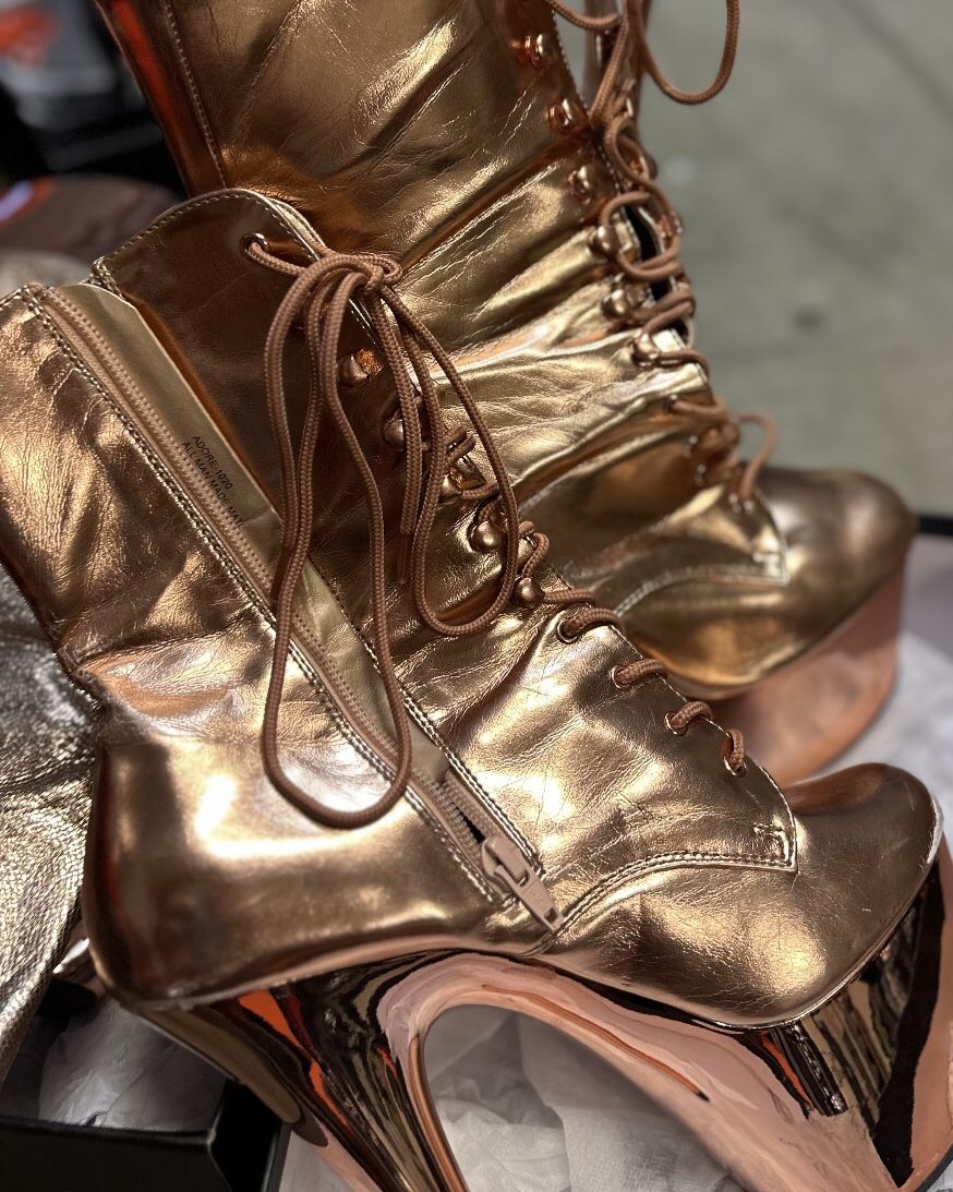 HUGE SALE Pleaser Shoes Authentic High Heel Stilettos Platform Boots Rose Gold Metallic Chrome Holo A