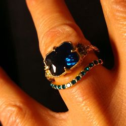 Blue-Green CZ Rectangle Shape Ring 2pc