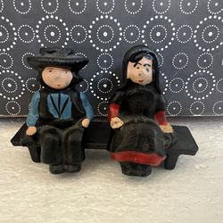 Vintage Miniature Cast Iron Amish Man & Woman W Bench Figurines Collectibles
