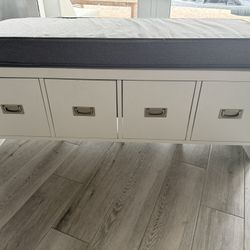 Modern White Storage Bench - 4-Door Cabinets & Brushed Nickel