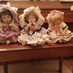3 Vintage All Porcelain Dolls, Brand Names Limited Edition