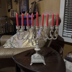 Large Traditional Silver Plated Menorah Adorned Base For Oil or Candles 17" T