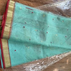Brand New Beautiful Turquoise Color Pure Chanderi Silk Saree