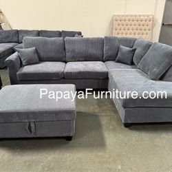 NEW! Dark Grey Sectional Sofa And Ottoman, Sectionals, Sofa, Couch, Grey Couch, Grey Sofa, L-Shaped Sofa, Plush Sectional Couch, Living Room Sofa. 
