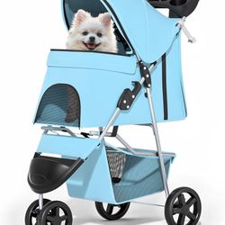 3 Wheels Pet Dog Cat Stroller for Small Medium Dogs and Cats, Lightweight Foldable Jogger Stroller w/Storage Basket and Cup Holder, Blue