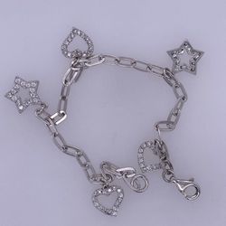 925 Sterling Silver Charm Bracelet With CZ Heart And Stars