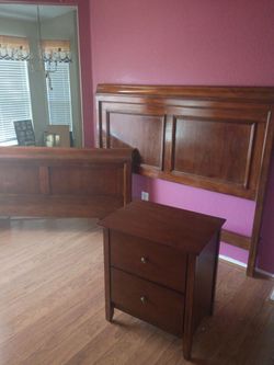 Wood Sleigh Bed Frame and Nightstand Set