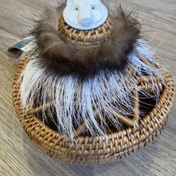 Hand Made Woven Grass Basket Navajo Carved Glass Mink Fur Sphere Lid.nwt.