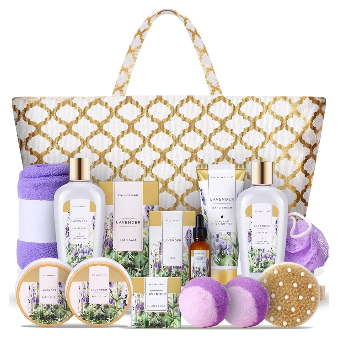 Spa Gifts basket for Women 15pcs Lavender Home Spa Kit Includes: Soap, Shampoo Bar, Lavender Massage Oil, 2pc Bath Bombs, Shower Gel, Bubble Bath, Bod