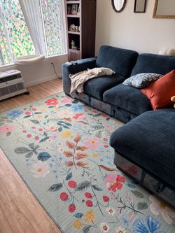 Large Floral Area Rug Light Blue