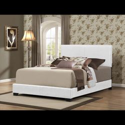 Modern White Upholstered Bed Frame + Mattress + Box Spring – Like New