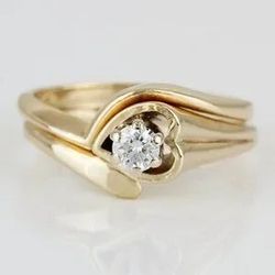 14k Yellow gold Solitaire Diamond Heart Bridal Wedding Band Engagement Ring Set 