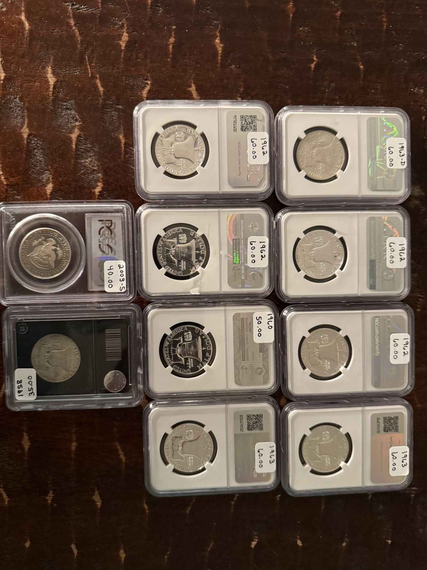 New shipment of graded silver Kennedy and Franklin half dollars.