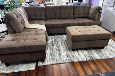 COSTCO Brown chenille sectional couch and ottoman