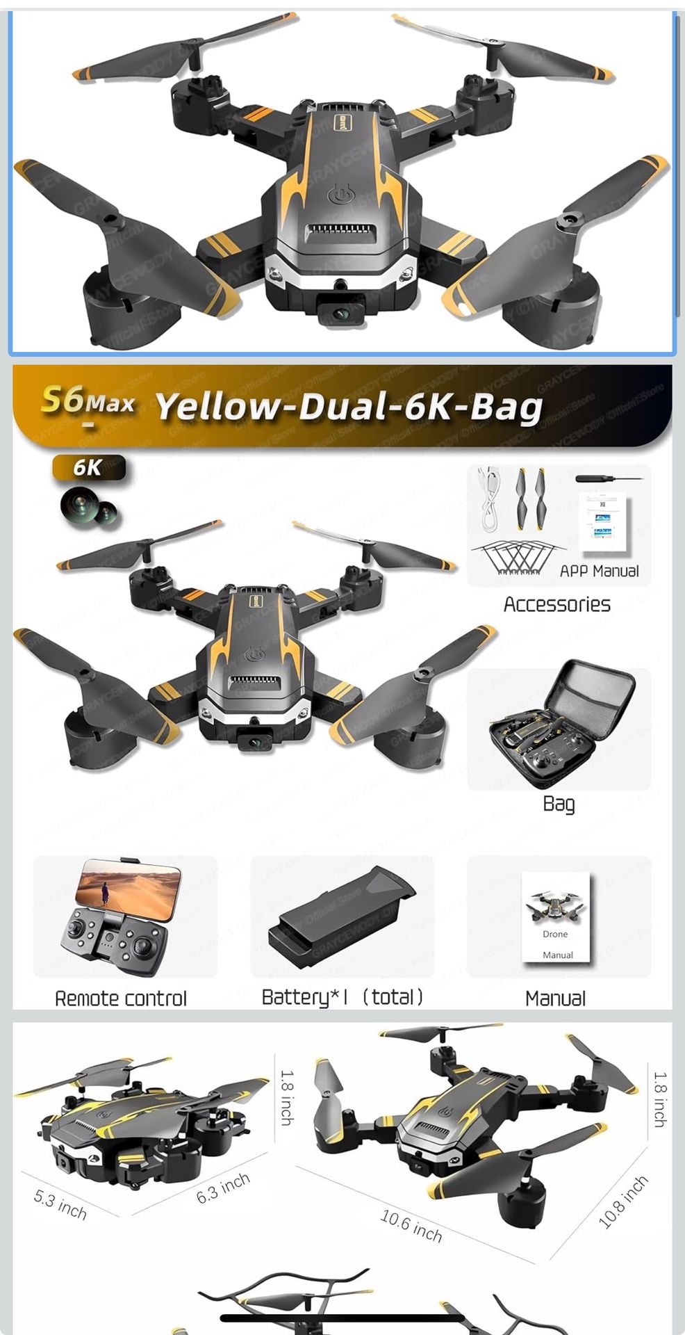 New S6 Max Drone 8k/6k/4k Profesional HD Camera Obstacle Avoidance Aerial Photography Optical Flowable Foldable Quadcopter Sell Apron (Yellow-Dual-6K)