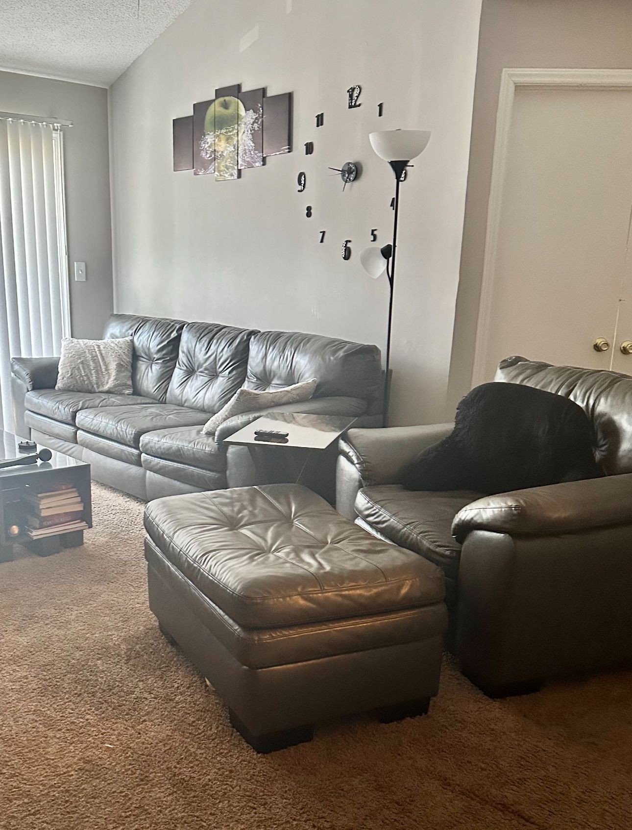 Gray Leather Couch & Love Seat With Ottoman