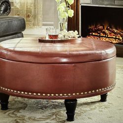 Copper Grove Bonded Leather Storage Ottoman Round 