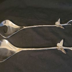 Vintage Silver Plated Salad Serving Spoon Set Butterfly Detail