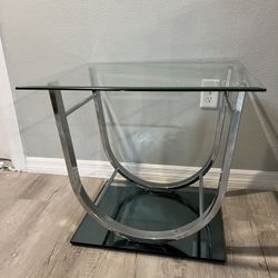 ‼️$50 Price Drop‼️ End Table Tempered Glass Top with U Shape Metal Frame, Clear and Chrome