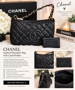 CHANEL BLACK QUILTED SHOULDER BAG + MATCHING CARD HOLDER