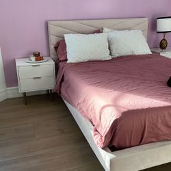 Set of 2 Pottery Barn Nightstands & Pink Upholstered Bed Frame
