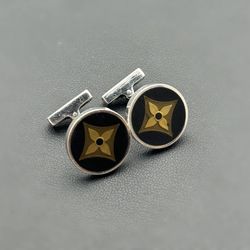 Louis Vuitton Authentic Damier Cufflinks Black Gold Color Silver925 Round Pouch