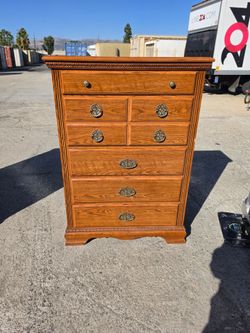 Tall Oak Wood Dresser with Brass Hardware
