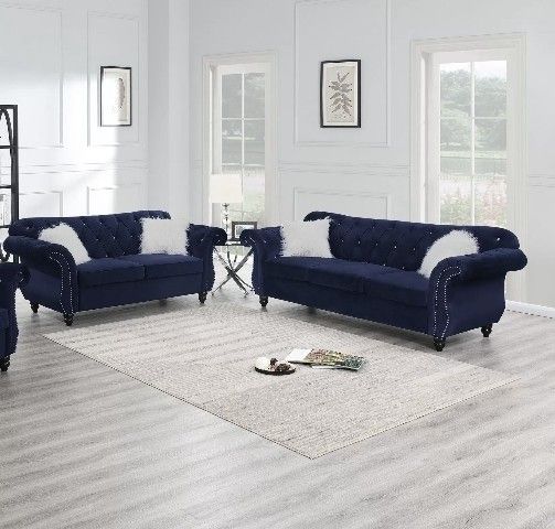 Brand New Blue Velvet Sofa + Loveseat 2PCs Set