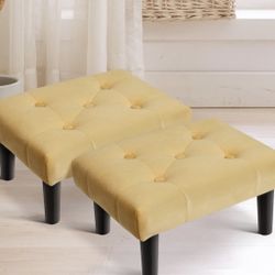 HOUCHICS Small Footstool Ottoman, Velvet Wooden Foot Stool Ottoman with Wood Legs, Sofa Footrest Extra Seating for Living Room Entryway Office(Yellow 