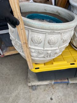 glazed ceramic planter features an embossed seashell pattern