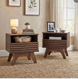 New 18.9" Wide Fluted Nightstand Set of 2, End Table with Drawer and Open Shelf, Mid Century Modern Side