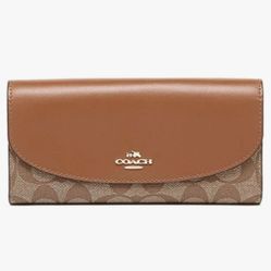 Coach Signature C Logo Slim Envelope in Khaki/Saddle checkbook Fold Long Wallet