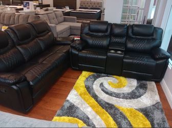 Limited time sale. Santiago black leather reclining sofa and loveseat set only $999. Easy finance option. Same-day delivery.