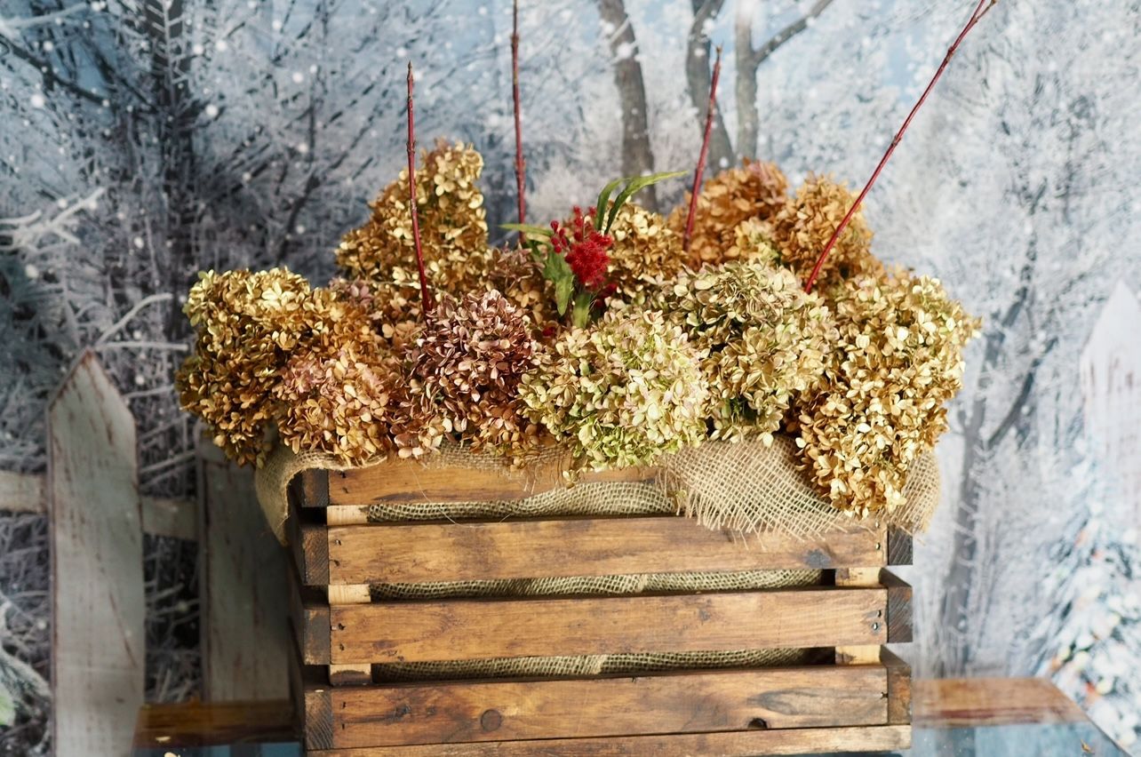 Rustic Wooden Crate With Dried Flowers