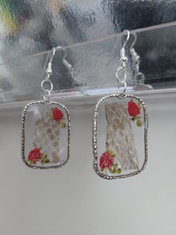 Floral Rose Dangle Earrings Silver Frame