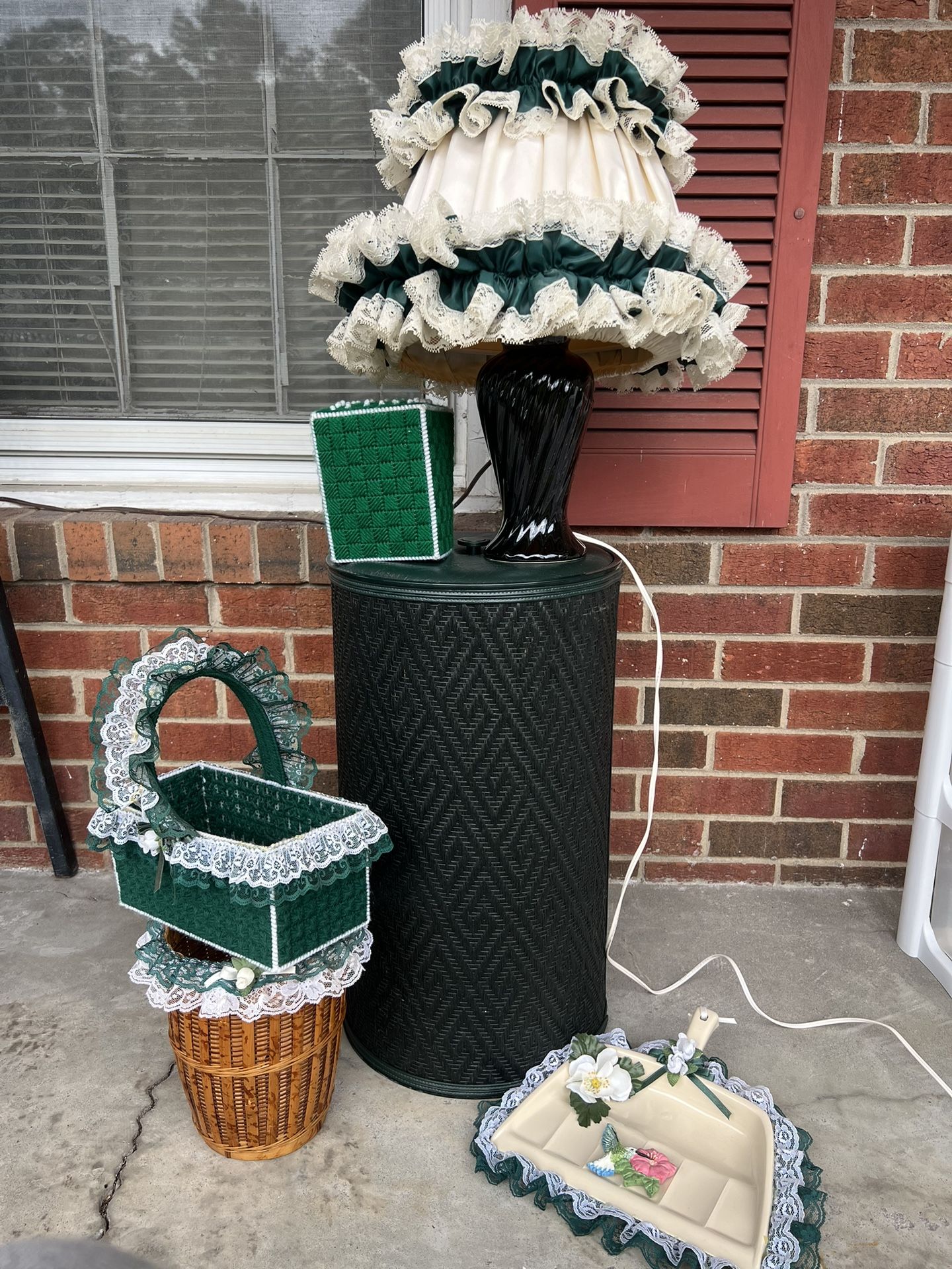 Complete Vintage Green Lace & Satin Décor Set - Lamp, Hamper, Trash Can & More