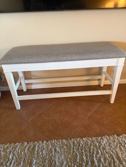 White Wood Bench with Gray Upholstered Seat