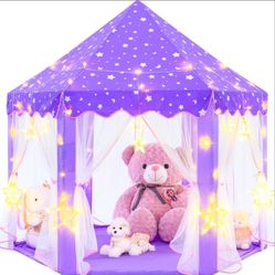 Purple Princess Tent for Girls, Kids Play Tent with Large Star Lights, Castle Playhouse for Children 