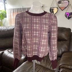 LuLaRoe Size L Pink Plaid Sweater - Pink and Maroon
