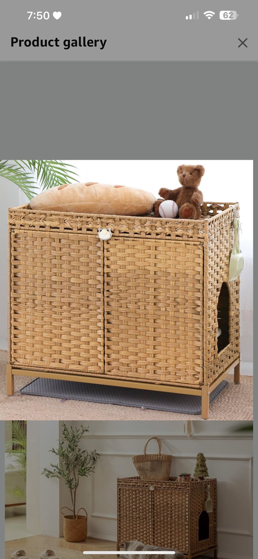 Cat Litter Box Enclosure; Cat Litter Box Enclosure Furniture with Cat Litter Mat;Handwoven Rattan Cat House with Metal Heightened Feet;30.3×18.3×28 In