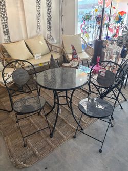Black Metal Bistro Dining Set with Gray Marble Top & 2 Folding Chairs, 3-Piece Patio Set