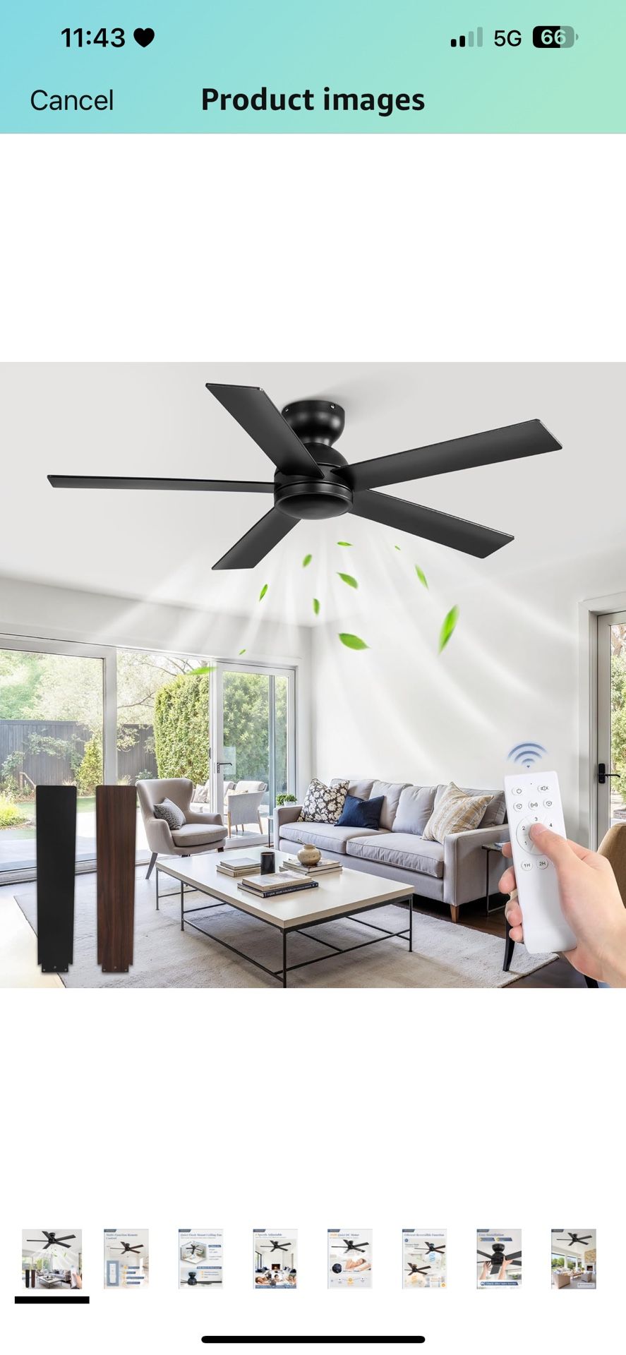 48 Inch Flush Mount Ceiling Fan no Light, Black Ceiling Fan with Remote, 6-Speeds, Quiet Reversible DC Motor, Indoor/Outdoor
